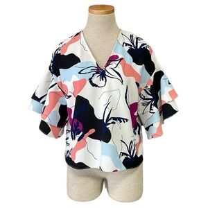Halogen Blouse Women's XS Extra Small White Blue Pink Floral Short Sleeve Top